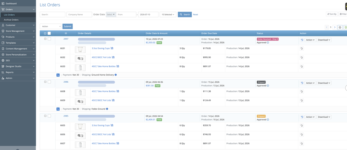 Private ordering portal order history screen